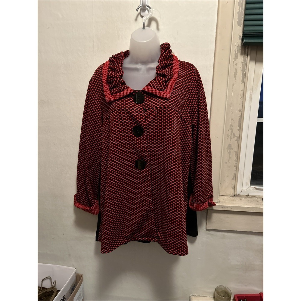 Ali Miles XL Poly Spandex 3/4 Sleeve Red Black Polka Big Button Tunic Ruffle